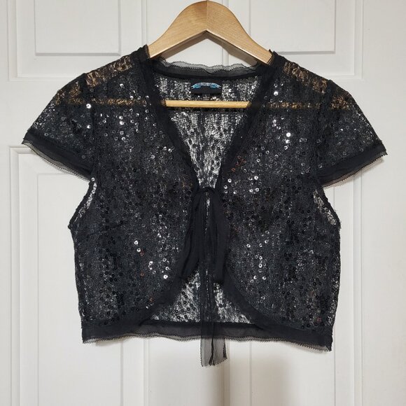 Till The End Black Sheer Sequin Embellished Short Sleeve Tie Front Bolero Shrug - Picture 1 of 12